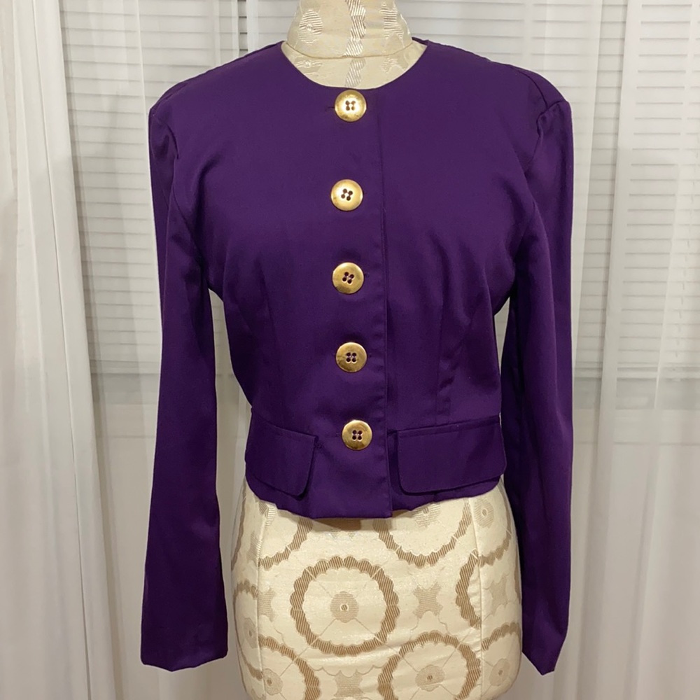 Vintage 80s Purple Blazer Francine B Cropped Jacket Statement Buttons Size Small